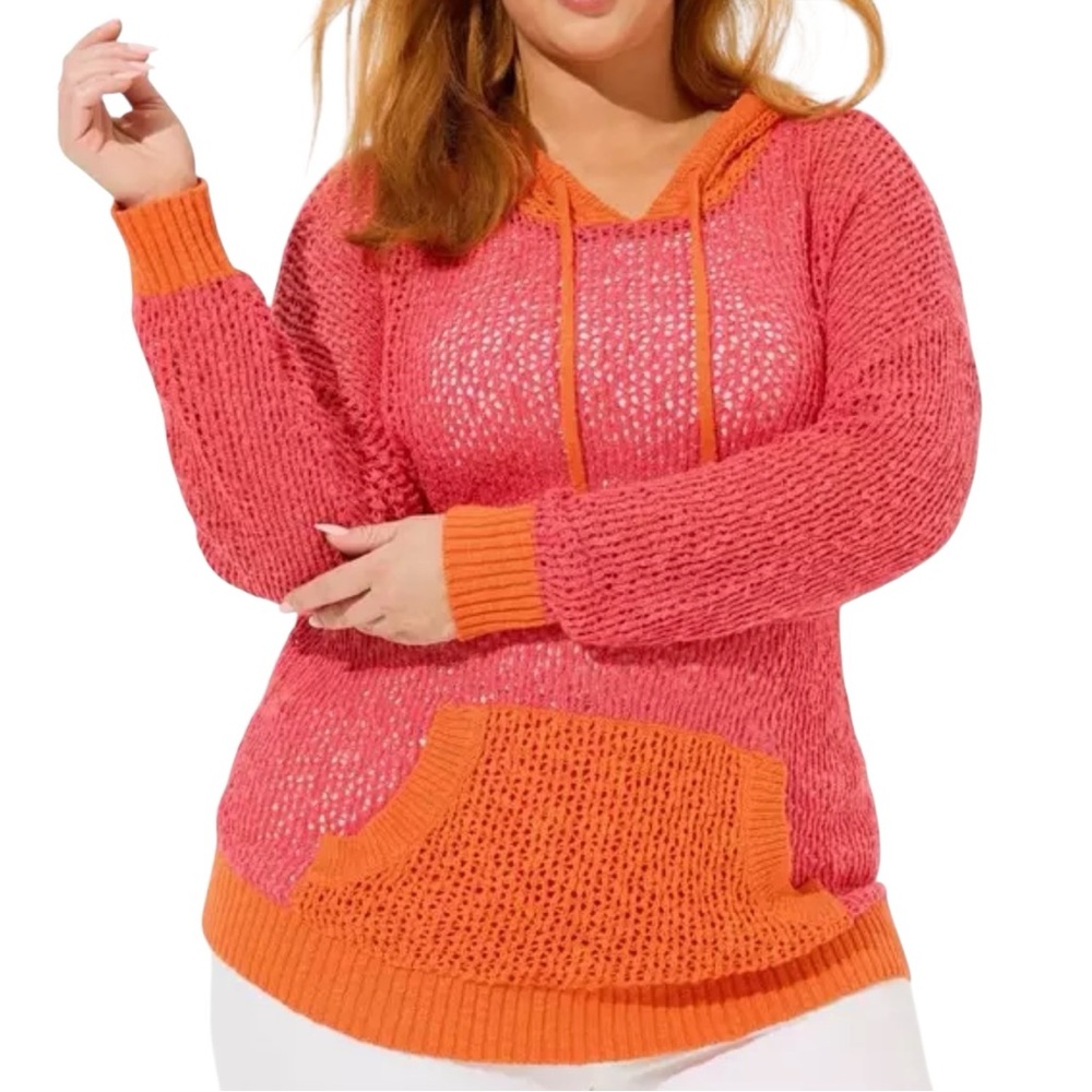 Torrid Pink Orange Colorblock Pointelle Loose Knit lightweight Pullover Hoodie